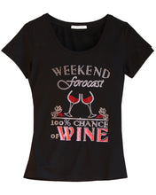 "Weekend Forecast 100% Chance of Wine" fun t-shirt embellished with rhinestones