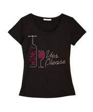 "Wine? Yes please!" fun t-shirt embellished with rhinestones